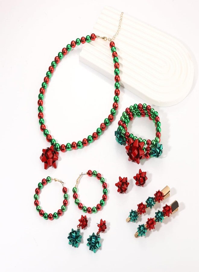 boderier Christmas Jewelry Sets for Women Christmas Bow Necklace Christmas Bow Earrings Bracelets Hair Clips Christmas Decoration Holiday Gifts - Image 4