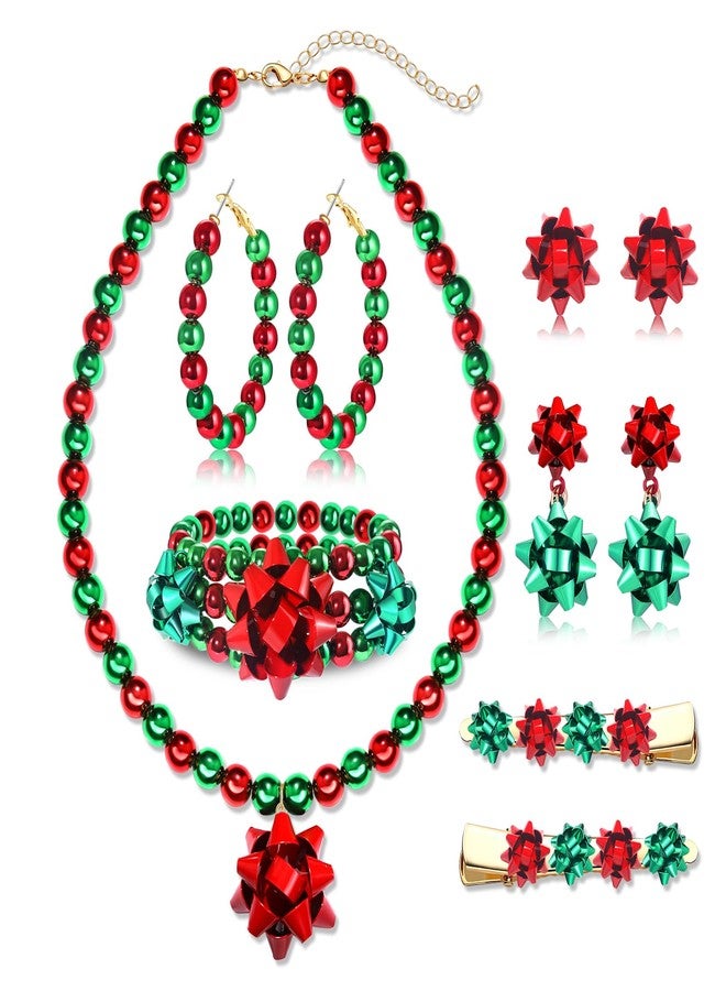 boderier Christmas Jewelry Sets for Women Christmas Bow Necklace Christmas Bow Earrings Bracelets Hair Clips Christmas Decoration Holiday Gifts - Image 1