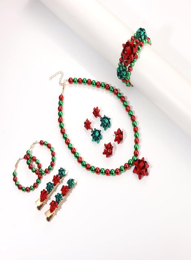 boderier Christmas Jewelry Sets for Women Christmas Bow Necklace Christmas Bow Earrings Bracelets Hair Clips Christmas Decoration Holiday Gifts - Image 3