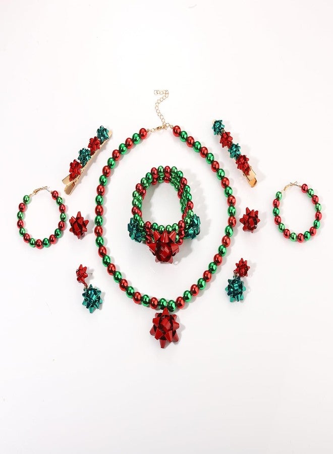 boderier Christmas Jewelry Sets for Women Christmas Bow Necklace Christmas Bow Earrings Bracelets Hair Clips Christmas Decoration Holiday Gifts - Image 2