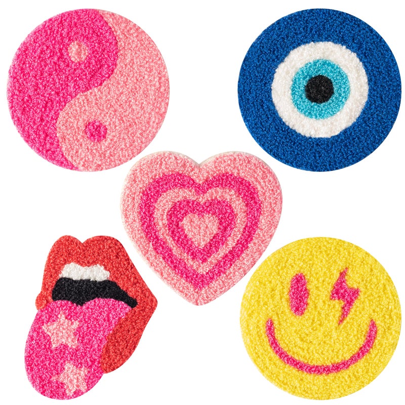 A1diee 5Pcs Preppy Boho Tufted Coasters Smile Evil Eye Lip Love Yinyang Drink Coasters Pink Yellow Y2K Pastel Rug Cup Mat Pad for Kitchen Desk Home Coffee Table Accessories Birthday Housewarming Gift