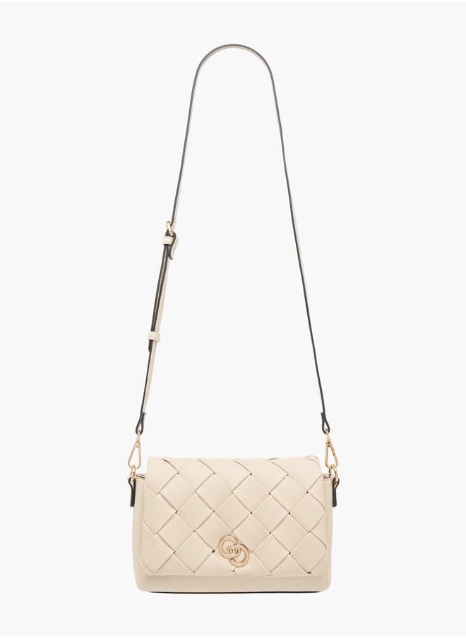 Celeste Weave Textured Crossbody Bag with Flap Closure and Detachable Strap  - Image 2