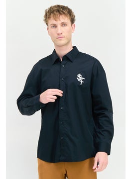 Selected Homme Men Regular Fit Brand Logo Long Sleeves Casual Shirt, Black  - Image 1
