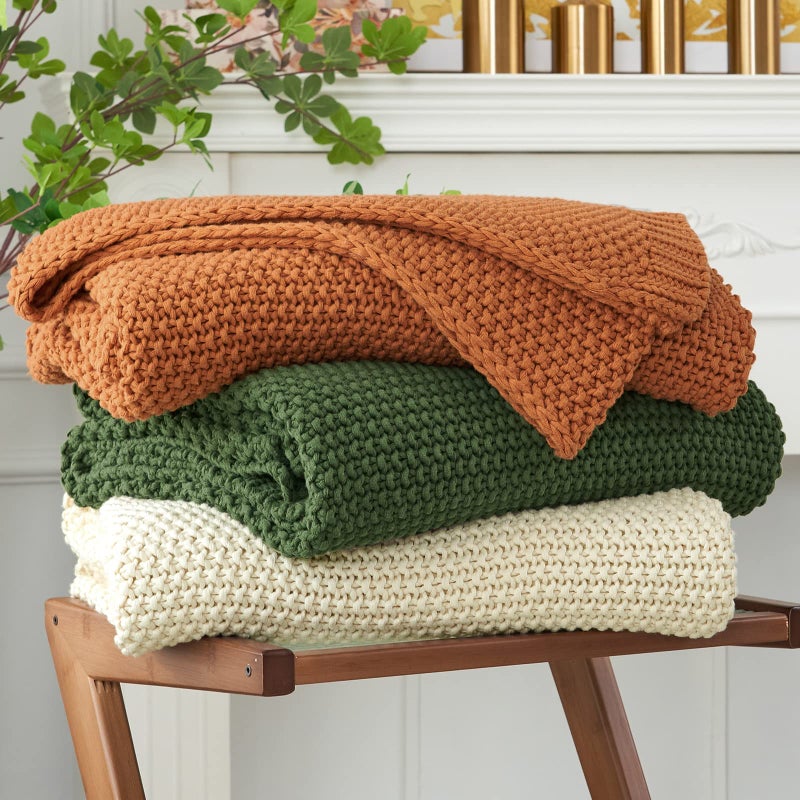 Chunky Cable Knit Throw Blanket Lightweight Burnt Orange 100 Organic Cotton Blanket for Sofa Couch Bed Baby Nursery Rustic Shabby Chic Modern Farmhouse 60 x 80 Give Laundering Bag