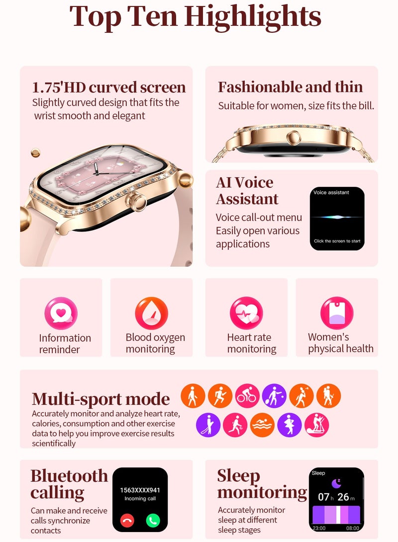 RollsTimi  Women's SmartWatch, 1.75-inch HD Screen, Bluetooth Calling, Voice Assistant, IP68 Waterproof, Health Monitoring, Daily Reminder, Fashion Casual Watch, MK88 Tape Pink - Image 2