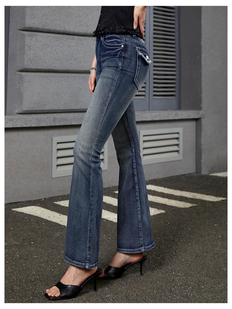 WDIRARA Women's Goth Punk Rhinestone Embroidered Flare Jeans Bootcut Denim Pants Blue Medium - Image 3