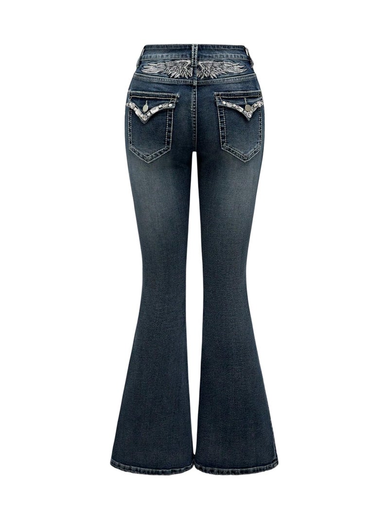 WDIRARA Women's Goth Punk Rhinestone Embroidered Flare Jeans Bootcut Denim Pants Blue Medium - Image 1