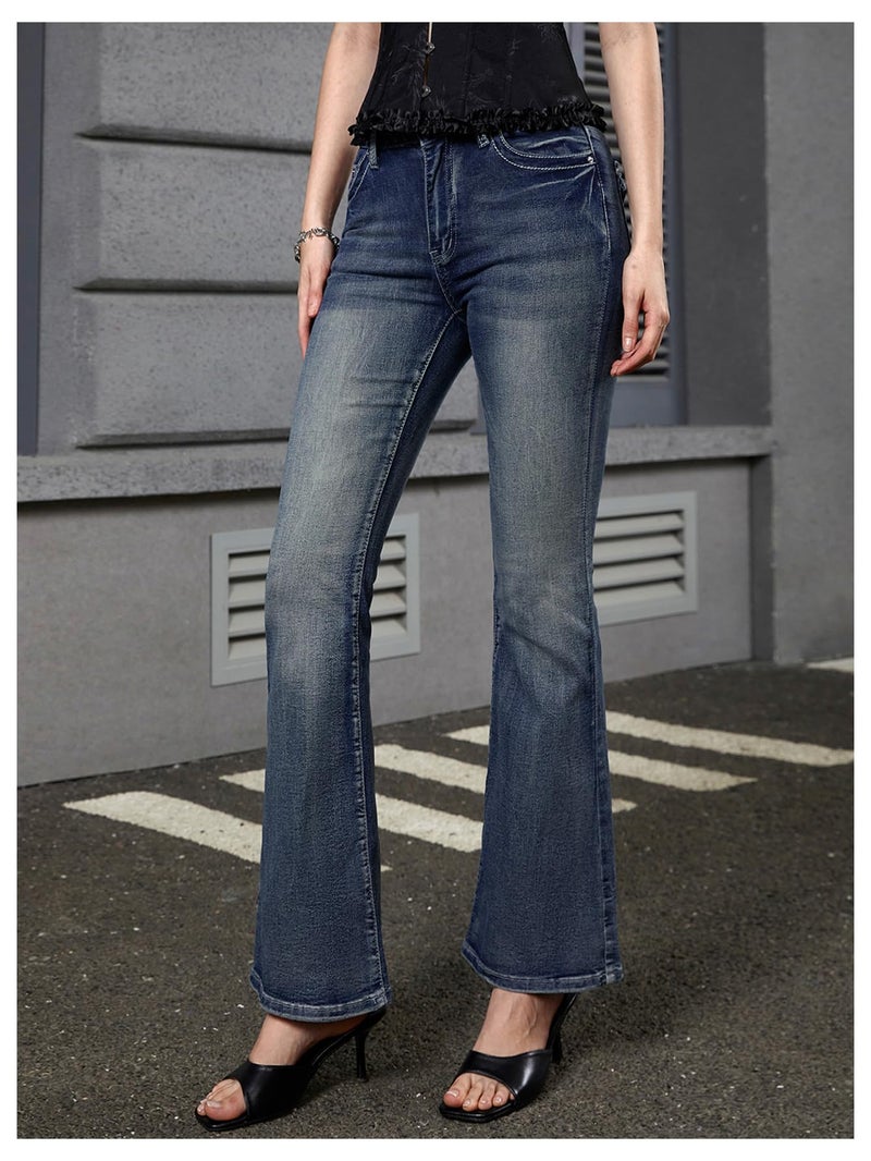 WDIRARA Women's Goth Punk Rhinestone Embroidered Flare Jeans Bootcut Denim Pants Blue Medium - Image 2