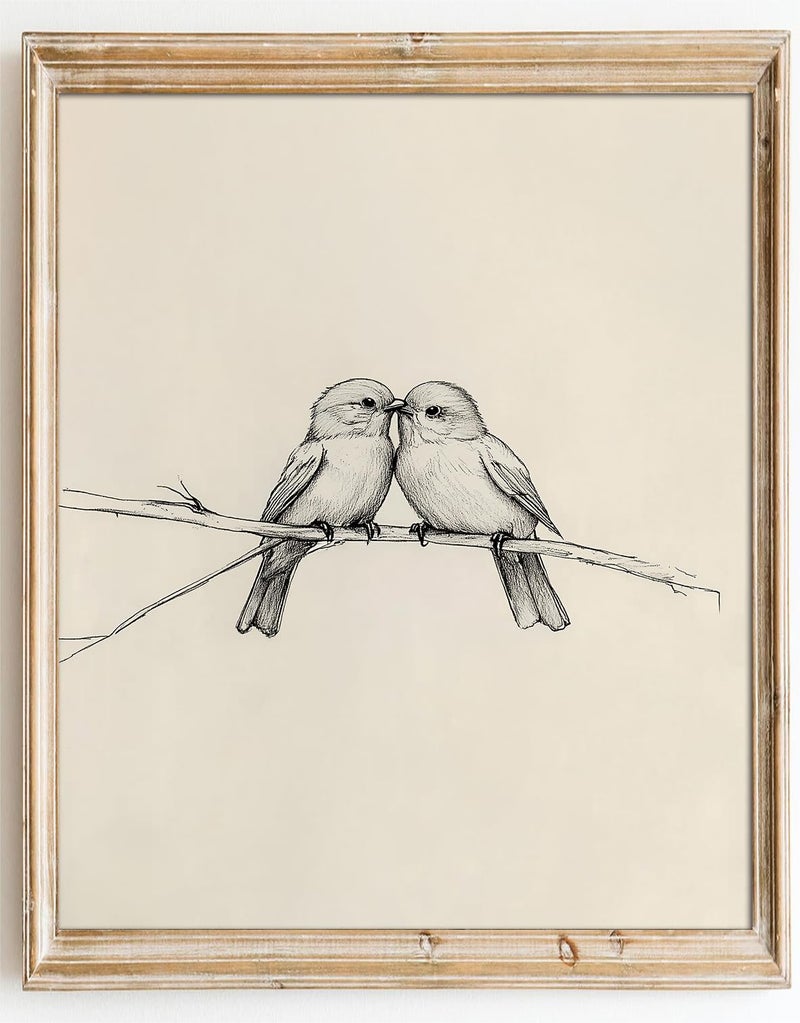 Kizbok Neutral Bird Wall Art Prints, Vintage Birds in Love on a Branch Canvas Painting Prints for Wall Decor, Bedroom Wall Decor Bird Sketch Drawing Art Pictures for Farmhouse Decor, Rustic Vintage Artwork Poster for Bathroom Gallery Home Decor(8" x 10"-UNFRAMED) - Image 1