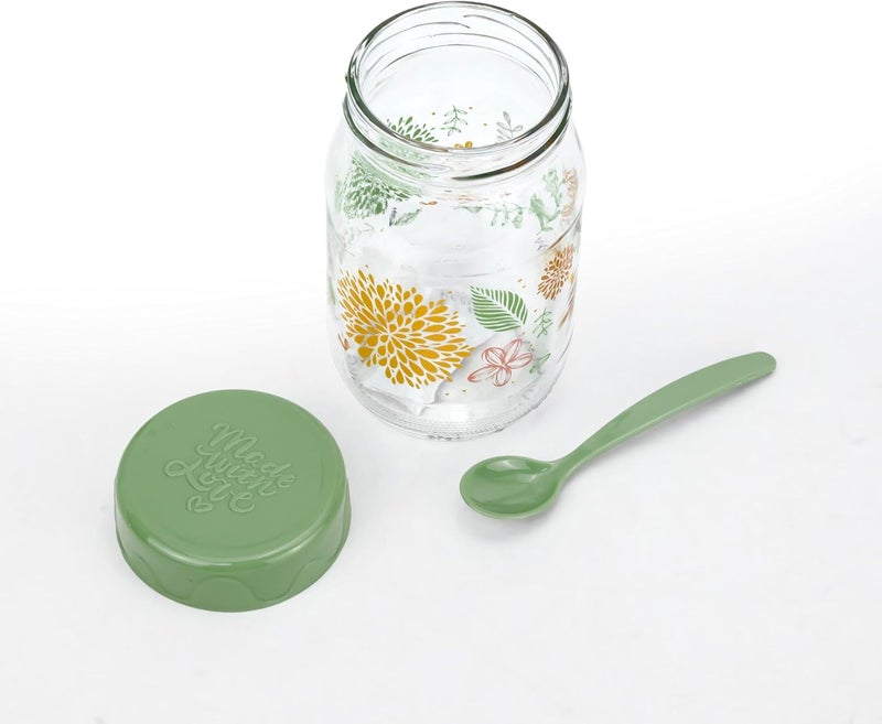 Herevin 370 ml Glass Spice Jar with Decorative PP Lid and Spoon - Airtight Storage Container for Masalas, Herbs, Condiments, Sugar, Salt & Tea - Stylish Botanic Green Design - Image 3