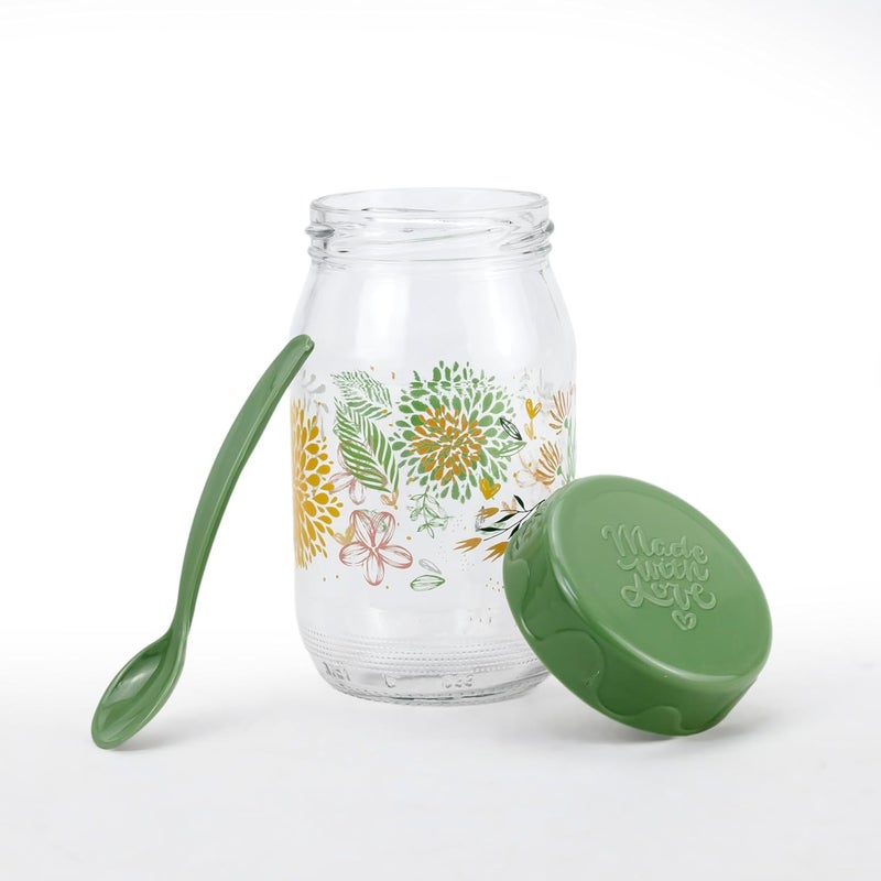 Herevin 370 ml Glass Spice Jar with Decorative PP Lid and Spoon - Airtight Storage Container for Masalas, Herbs, Condiments, Sugar, Salt & Tea - Stylish Botanic Green Design - Image 4