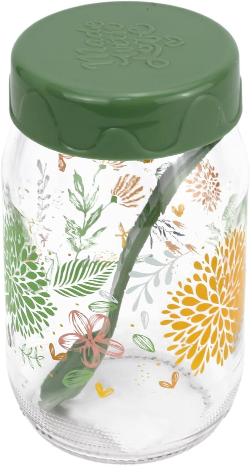 Herevin 370 ml Glass Spice Jar with Decorative PP Lid and Spoon - Airtight Storage Container for Masalas, Herbs, Condiments, Sugar, Salt & Tea - Stylish Botanic Green Design - Image 1