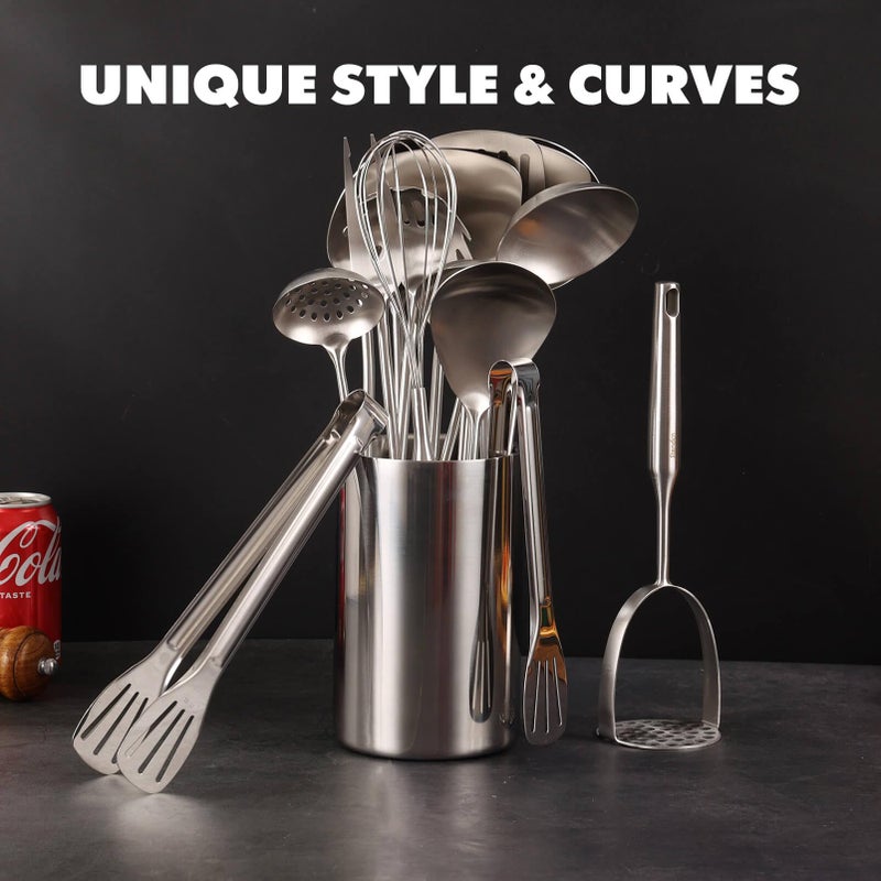 Standcn 18/10 Stainless Steel Cooking Utensils Set - 16 PCS All Metal Small & Large Kitchen Spoons, Serving Utensils - Whisk, Masher, Fork, Tongs, Solid/Slotted Spoon, Spatula, Turner, Ladle, Skimmer, Pasta - Image 5