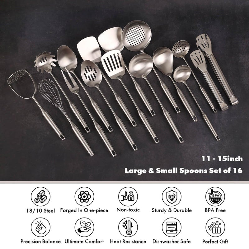 Standcn 18/10 Stainless Steel Cooking Utensils Set - 16 PCS All Metal Small & Large Kitchen Spoons, Serving Utensils - Whisk, Masher, Fork, Tongs, Solid/Slotted Spoon, Spatula, Turner, Ladle, Skimmer, Pasta - Image 3