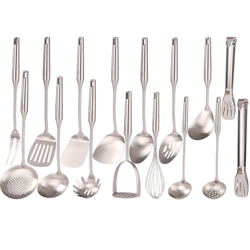 Standcn 18/10 Stainless Steel Cooking Utensils Set - 16 PCS All Metal Small & Large Kitchen Spoons, Serving Utensils - Whisk, Masher, Fork, Tongs, Solid/Slotted Spoon, Spatula, Turner, Ladle, Skimmer, Pasta - Image 1