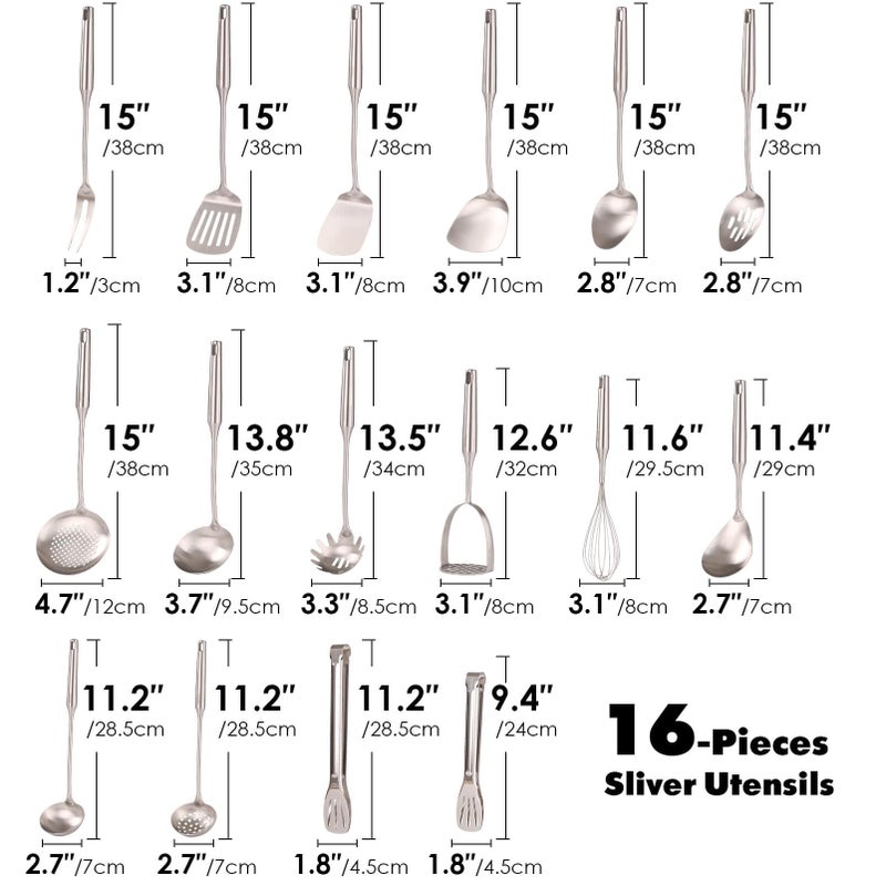 Standcn 18/10 Stainless Steel Cooking Utensils Set - 16 PCS All Metal Small & Large Kitchen Spoons, Serving Utensils - Whisk, Masher, Fork, Tongs, Solid/Slotted Spoon, Spatula, Turner, Ladle, Skimmer, Pasta - Image 2