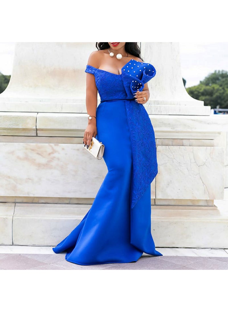 2024 New Irregular Lace Layer Beaded Slim Dress Blue
