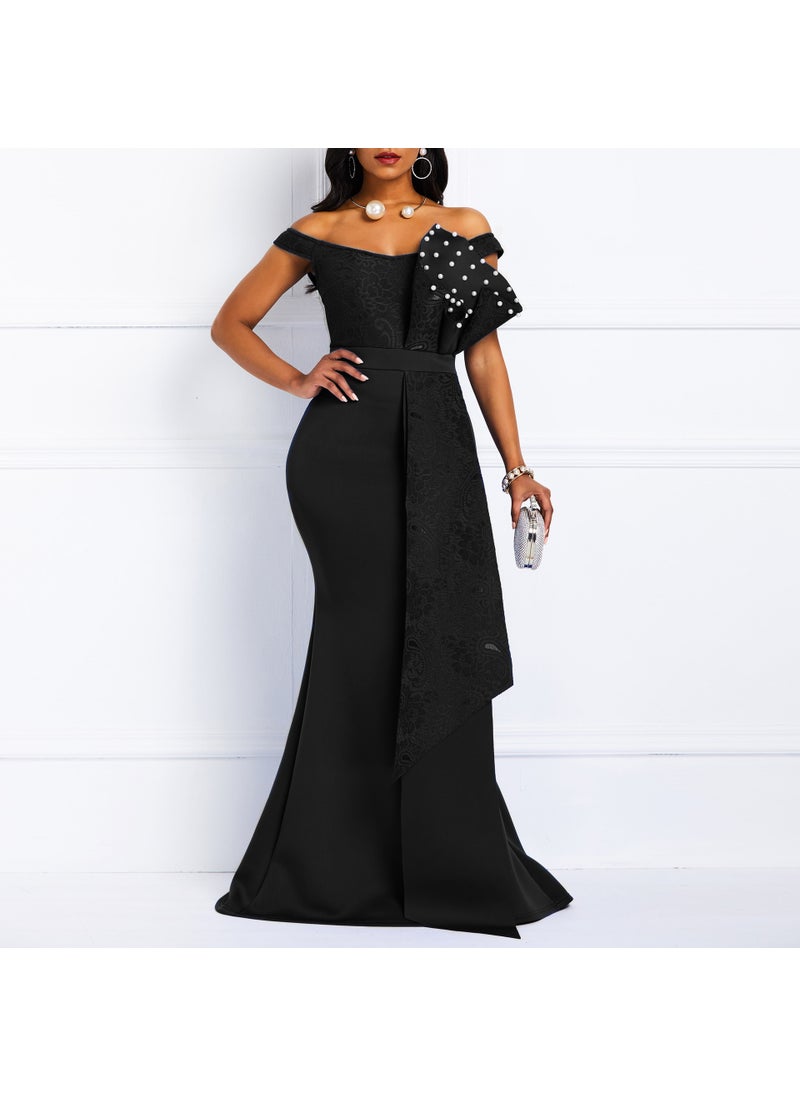 2024 New Irregular Lace Layer Beaded Slim Dress Blue