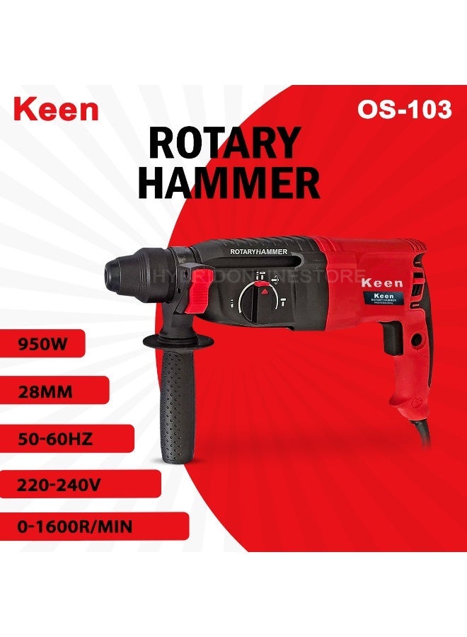 Keen Rotary Hammer Drill OS-103 950W SDS Plus 28mm Electric Hammer Drill Machine for Concrete Brick Wall, 3 Mode Drilling Hammer Drilling Chiseling, Variable Speed 0-1600 RPM, Forward Reverse, 220-240V Power Tool with Accessories Heavy Duty Use - Image 2