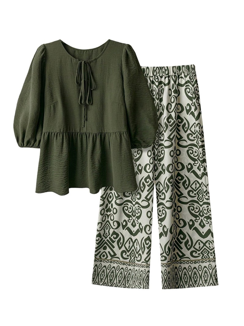 SHENHE Women's Plus Size 2 Piece Outfits Lantern Sleeve Peplum Blouse Babydoll Top Wide Leg Pants Set Green 3X-Large Plus - Image 1