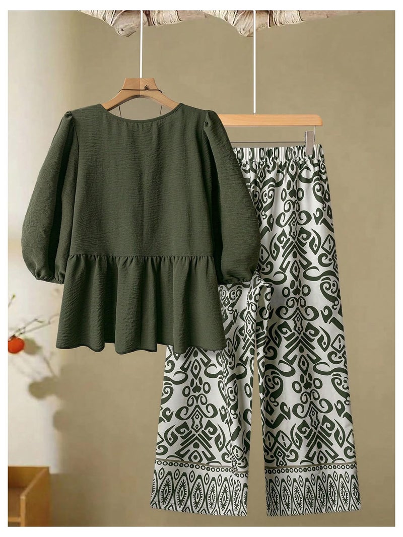 SHENHE Women's Plus Size 2 Piece Outfits Lantern Sleeve Peplum Blouse Babydoll Top Wide Leg Pants Set Green 3X-Large Plus - Image 2