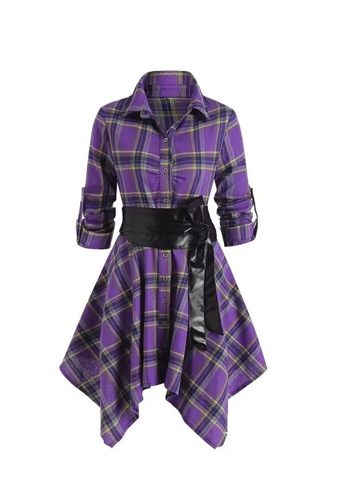 Loquat European And American Women's Plaid Belt Dress 