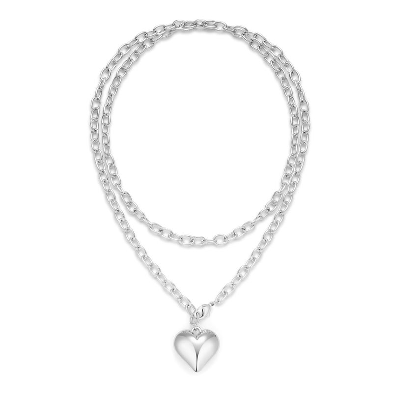 FAUTHENTICUTE Silver Plated Heart Layered Necklace For Women 36â€ Long Chain Necklace With A Puffy Heart Pendant Long Silver Necklaces - Image 1