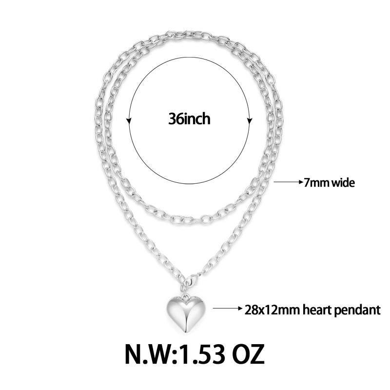 FAUTHENTICUTE Silver Plated Heart Layered Necklace For Women 36â€ Long Chain Necklace With A Puffy Heart Pendant Long Silver Necklaces - Image 4
