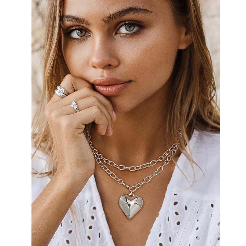 FAUTHENTICUTE Silver Plated Heart Layered Necklace For Women 36â€ Long Chain Necklace With A Puffy Heart Pendant Long Silver Necklaces - Image 3