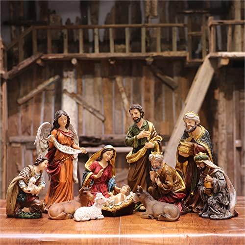 Zayton Nativity Set Christmas Indoor Scene Set 12.5 Inch 11 Pcs Figurines Holy Family Fireplace Statue Jesus Manger Christmas Crib Ornament Church Xmas Gift Home Decoration - Image 1