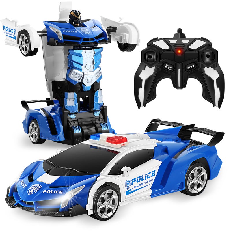 FIGROL Transformable Robot RC Car - 2.4Ghz 1:18 Scale Model Police Car with One Button Deformation - 360 Degree Rotation Drifting for Children - Image 1