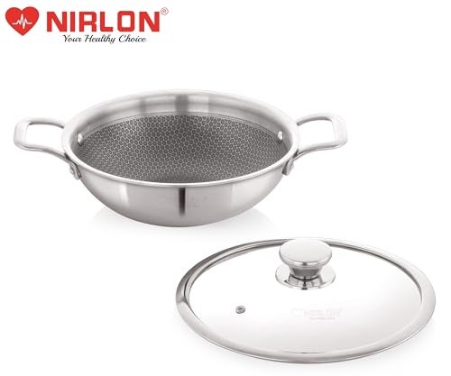 NIRLON Prima Honeycomb Triply Stainless Steel Deep Kadai with Glass Lid | 22cm/2Ltr |Non-Toxic | Safe to Use | Uniform Heating | Heavy-Duty Handle | Easy Cleaning (Induction and Gas Stove Friendly) - Image 5