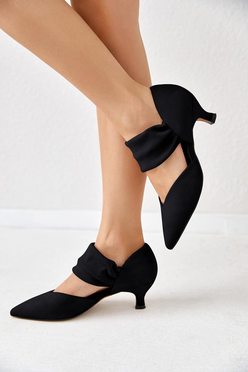 Coutgo Womens Low Kitten Heel Dress Shoes Pointed Toe Slip on Ankle Strap Cutout Elegant Party Wedding Pumps, Mesh Black, Size 33 - Image 3