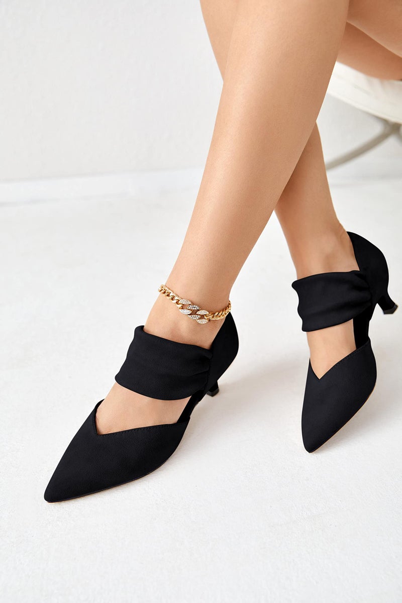 Coutgo Womens Low Kitten Heel Dress Shoes Pointed Toe Slip on Ankle Strap Cutout Elegant Party Wedding Pumps, Mesh Black, Size 33 - Image 2