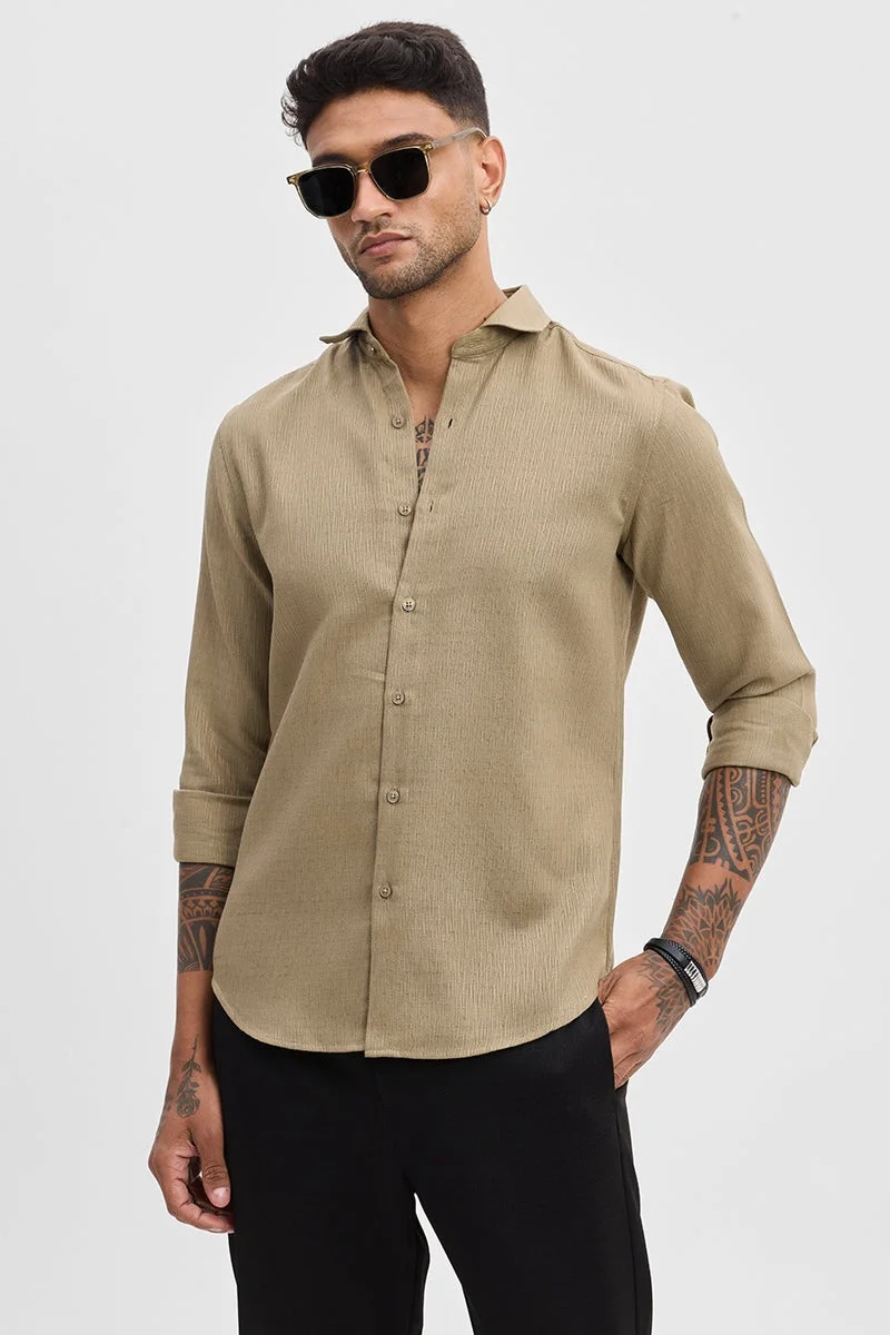 سنيتش Khaki Textured Long Sleeve Slim Fit Casual Shirt