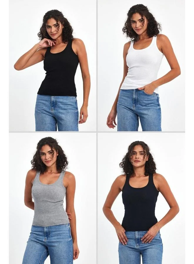 Mmetalic Women's Black-White-Gray-Navy Ribbed-Look Thick-Strap 4-Pack Basic Tank Tops MTLCB92-4