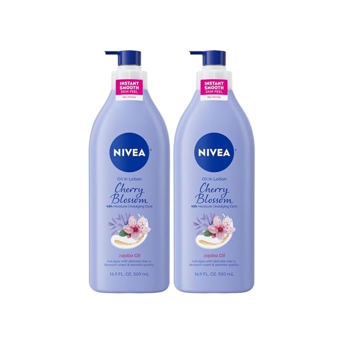 NIVEA Oil Infused Cherry Blossom and Jojoba Oil Body Lotion for Women, Fast-Absorbing and Non-Greasy Cherry Blossom Scented Lotion Moisturizes for 48 Hours, 16.9 Fl Oz Pump Bottle (Pack of 2)