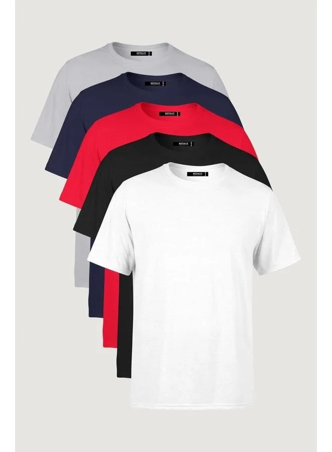 Mmetalic Men's Multicolor 100% Cotton Basic T-Shirt 5-Pack, Regular Fit, Relaxed Cut, Crew Neck