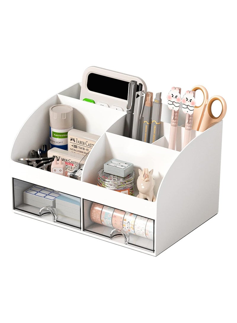 منظم مكتب وإكسسوارات مع 6 أقسام ودرجين، منظم مكياج بلاستيكي، حامل أقلام لتخزين سطح المكتب، منظم مكتب للمدرسة والمنزل ولوازم المكتب (أبيض) - Image 1