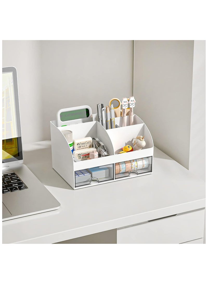 منظم مكتب وإكسسوارات مع 6 أقسام ودرجين، منظم مكياج بلاستيكي، حامل أقلام لتخزين سطح المكتب، منظم مكتب للمدرسة والمنزل ولوازم المكتب (أبيض) - Image 3