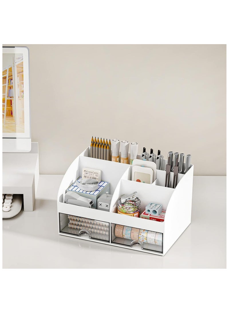 منظم مكتب وإكسسوارات مع 6 أقسام ودرجين، منظم مكياج بلاستيكي، حامل أقلام لتخزين سطح المكتب، منظم مكتب للمدرسة والمنزل ولوازم المكتب (أبيض) - Image 4