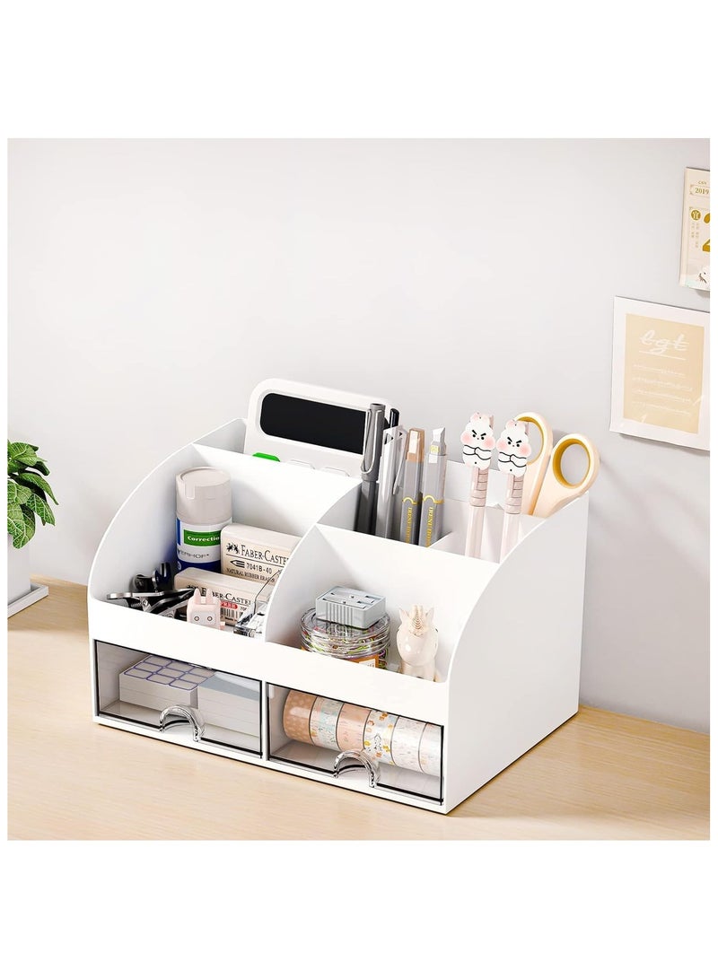 منظم مكتب وإكسسوارات مع 6 أقسام ودرجين، منظم مكياج بلاستيكي، حامل أقلام لتخزين سطح المكتب، منظم مكتب للمدرسة والمنزل ولوازم المكتب (أبيض) - Image 5