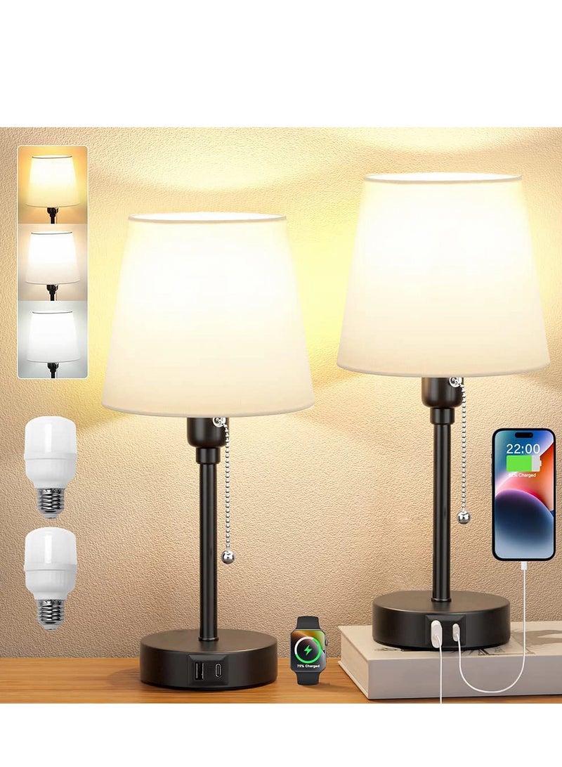 AMINAC White Bedside Lamps for bedrooms Set of 2 - Nightstand Bedroom Lamp with USB C Port and AC Outlet Charging, 3 Way Dimmable Touch Control Small White Bed Side Table Lamp, Nightstand Light for Kids - Image 1