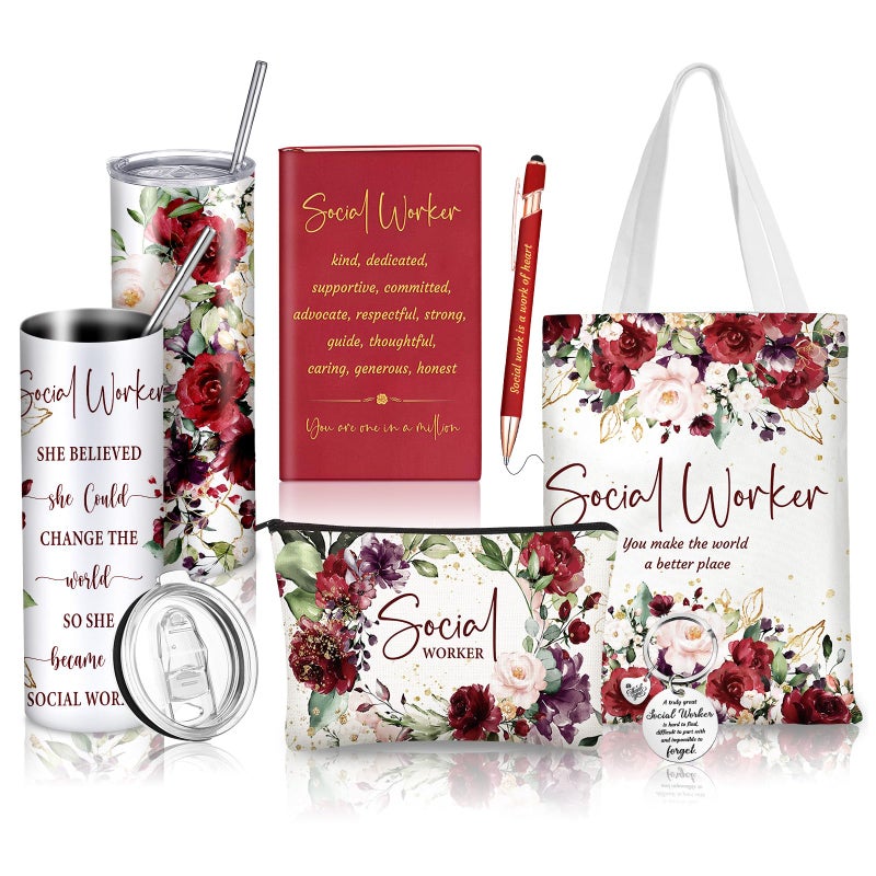 Afarnook 6 Pcs Social Worker Appreciation Month Gifts Include 20 Oz Tumbler Canvas Bag Notebook Pen Social Worker Must Haves for Bsw Msw Dsw Lcsw Coworker Volunteer Office Supplies(Vintage Style) - Image 1