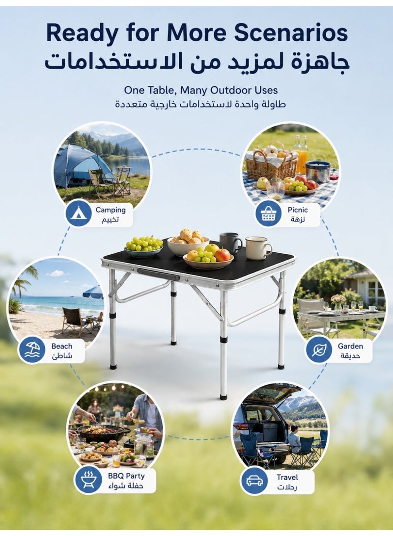 ALongDeng Folding Table Folding Lightweight Trestle Outdoor Camping Table Aluminum Alloy Folding Table Portable with Handle Adjustable Height for Picnic Party BBQ Black - Image 5
