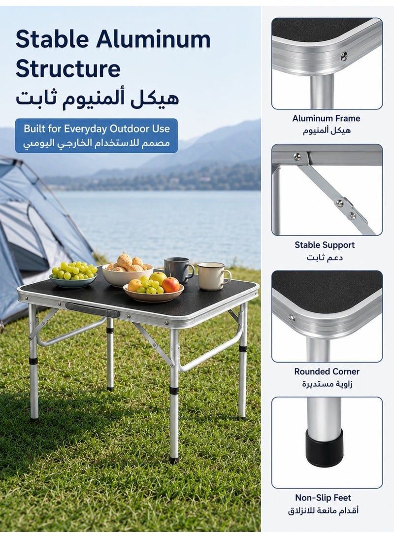 ALongDeng Folding Table Folding Lightweight Trestle Outdoor Camping Table Aluminum Alloy Folding Table Portable with Handle Adjustable Height for Picnic Party BBQ Black - Image 4