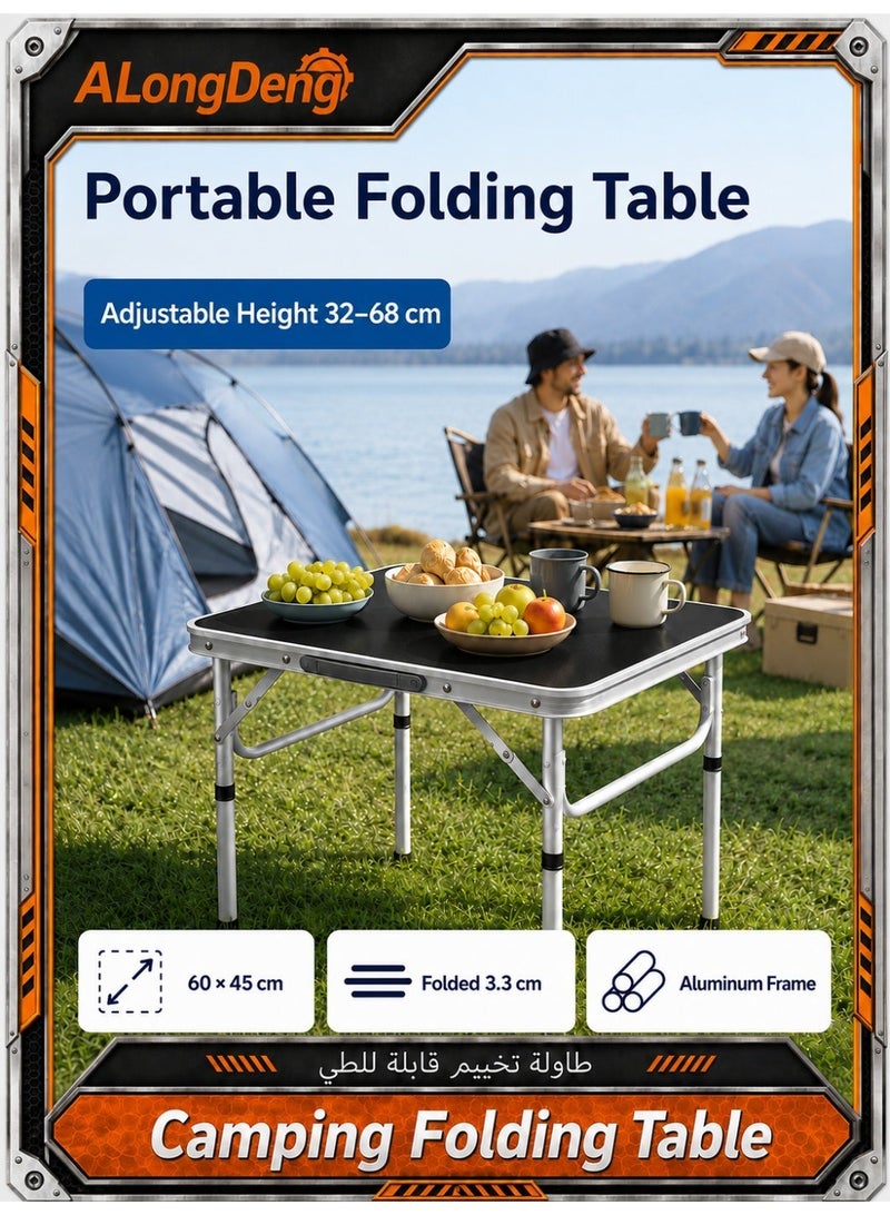 ALongDeng Folding Table Folding Lightweight Trestle Outdoor Camping Table Aluminum Alloy Folding Table Portable with Handle Adjustable Height for Picnic Party BBQ Black - Image 1