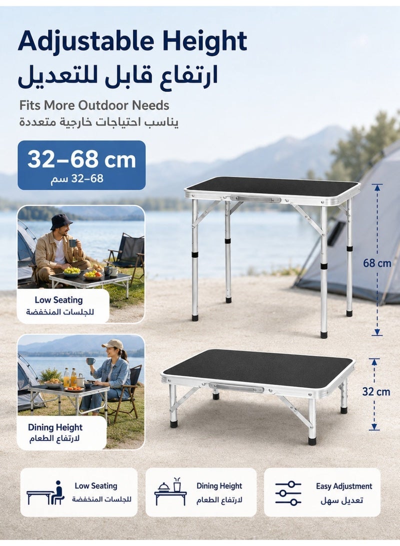 ALongDeng Folding Table Folding Lightweight Trestle Outdoor Camping Table Aluminum Alloy Folding Table Portable with Handle Adjustable Height for Picnic Party BBQ Black - Image 2