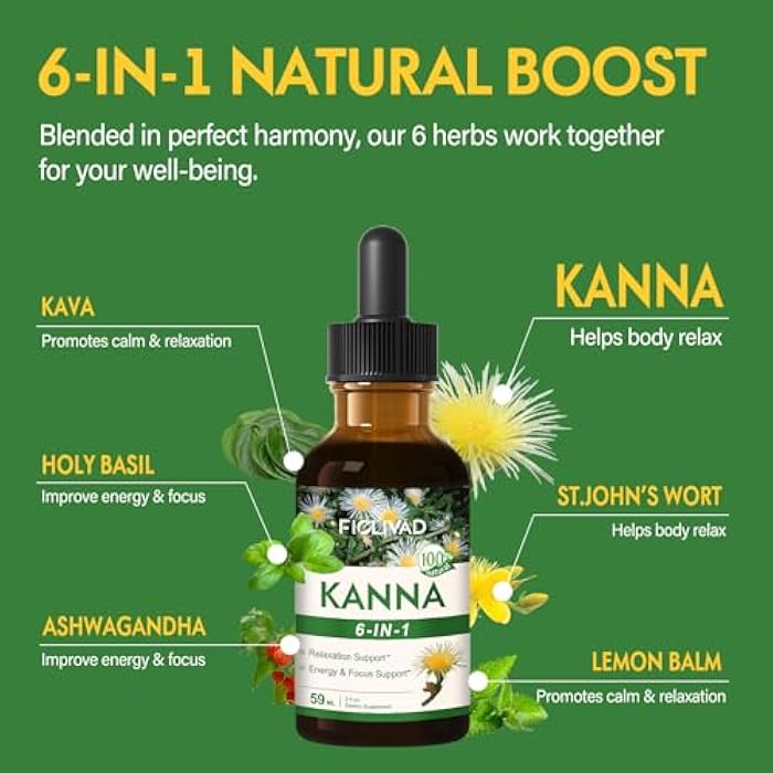 FIOLIVAD قطرات سائل مستخلص كانا، صبغة كانا لدعم الاسترخاء، دعم الطاقة والتركيز، مكملات عشبية طبيعية مع بلسم الليمون، ريحان مقدس، أشواغاندا. 2 أونصة - Image 4