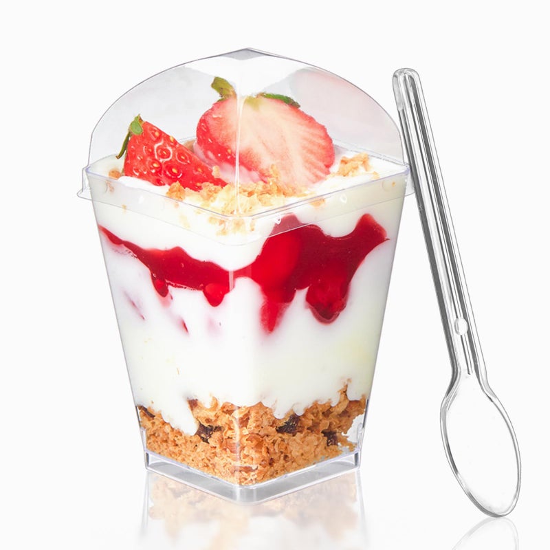 TOFLEN 50 Pack 5 oz Plastic Dessert Cups with Dome Lids for Party Mini Dessert Cups with Spoons Dessert Shooter Cups for Yogurt Parfait Appetizer Pudding Fruit and Ice Cream